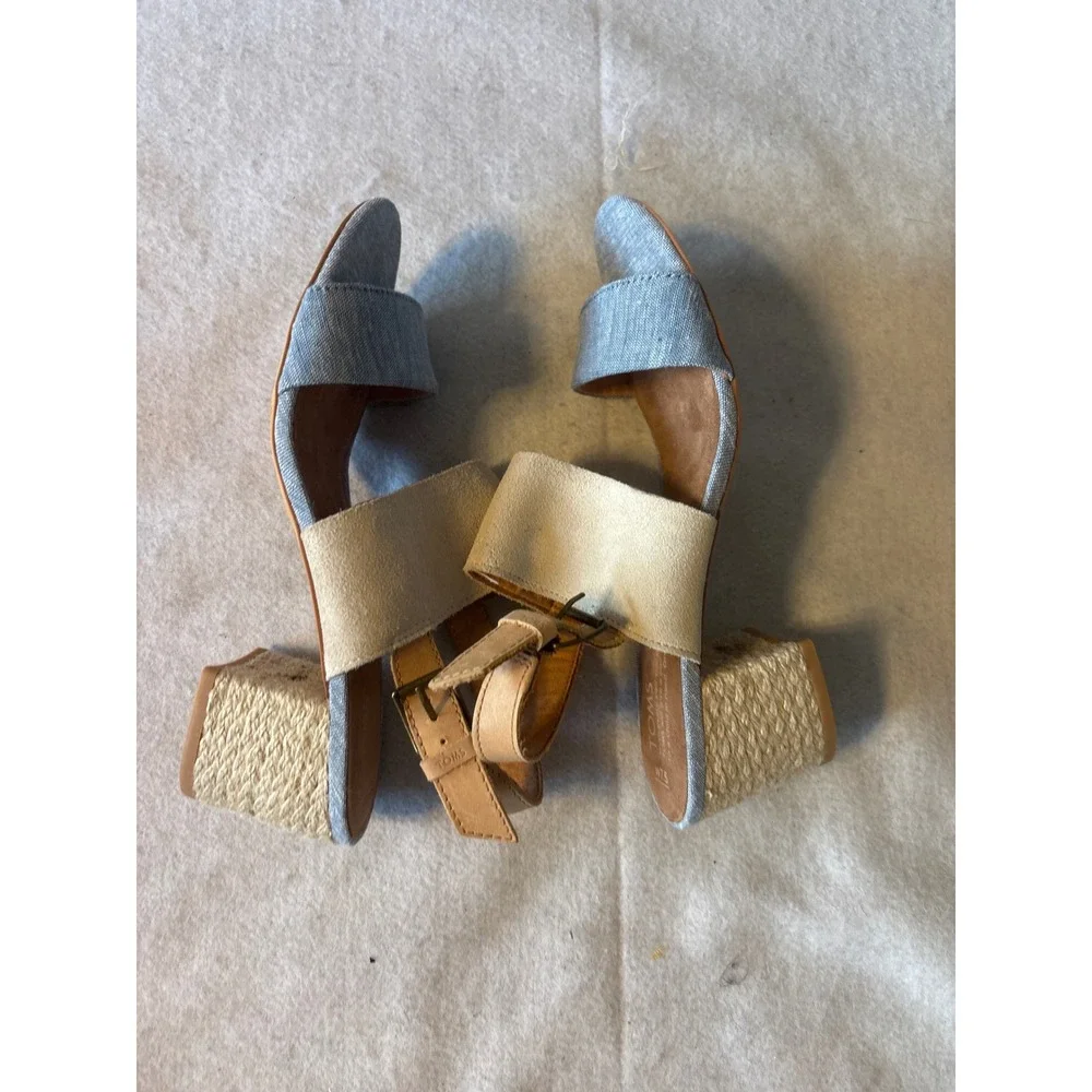 TOMS Block‎ Heel Sandals Womens 7.5 Blue Cream Tan Good Mixed Media Espadrille
